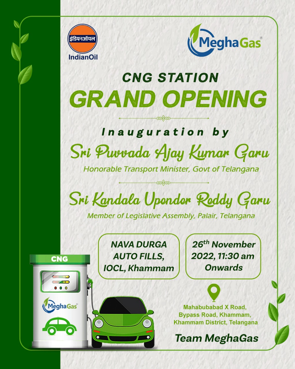 Transport Minister to inaugurate MeghaGas CNG station in Khammam